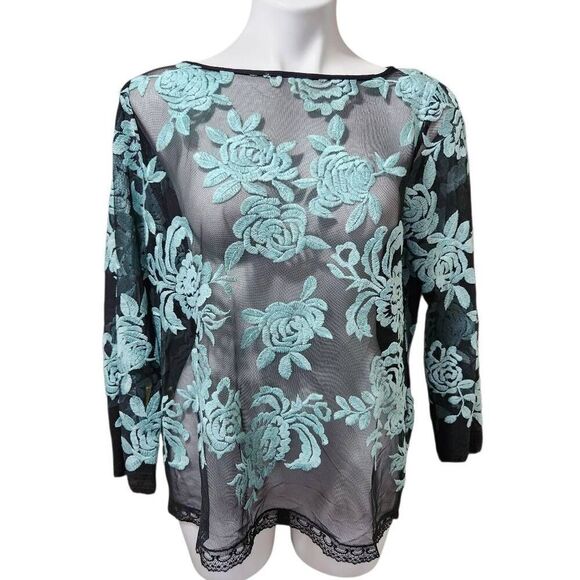 Karen Kane blouse mesh lace embroidered blue rose black XL - Picture 1 of 8